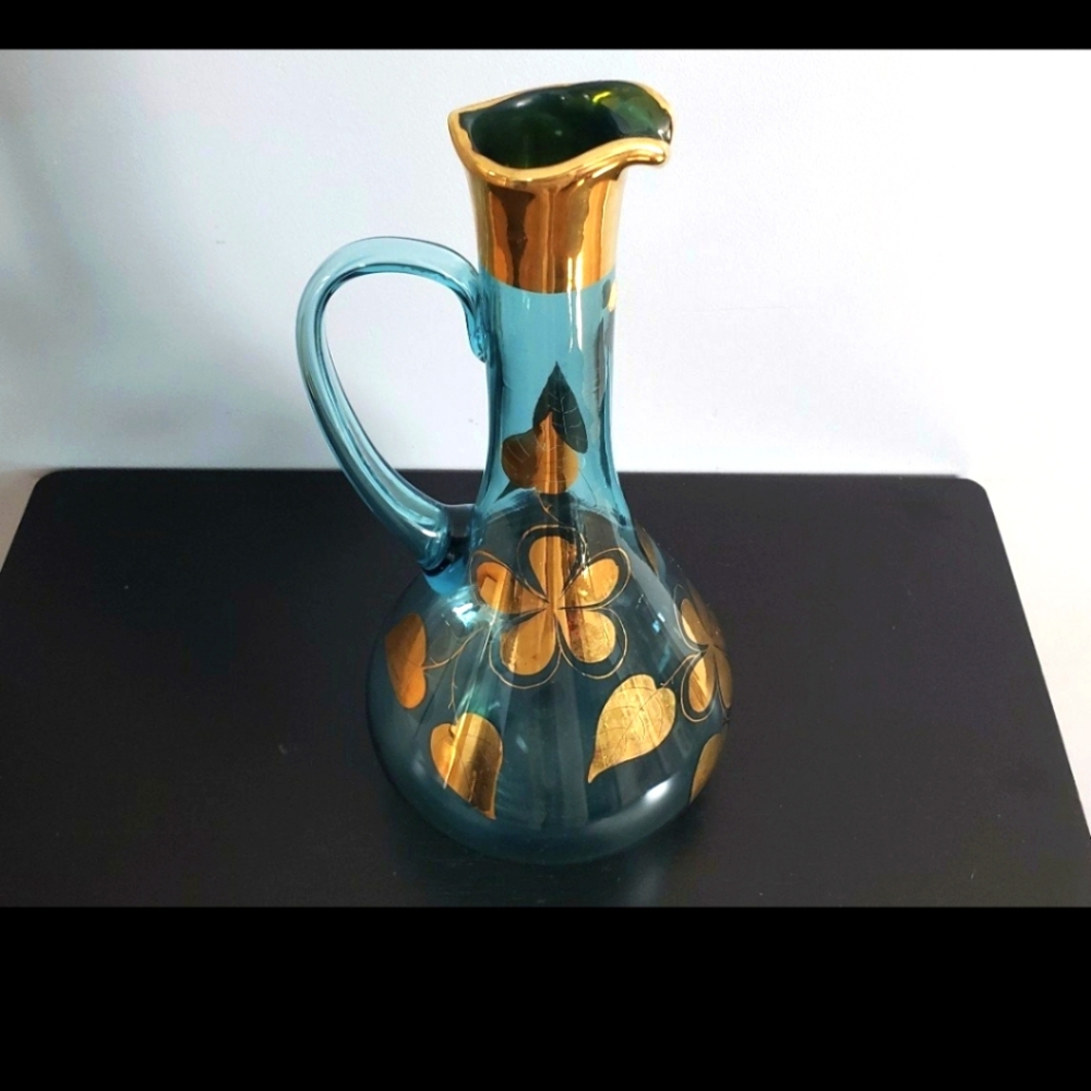 Tall 12" Vintage MCM Decanter Teal/Metalic Gold Print w Original Hungary Foil St